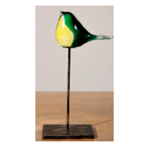 Green & Yellow Glass Bird on Stand