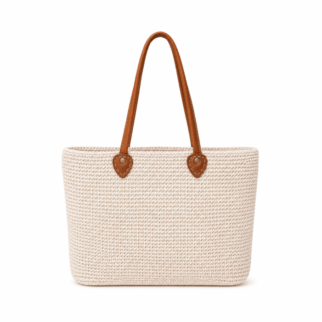 Leather Handle Crochet Tote Bag