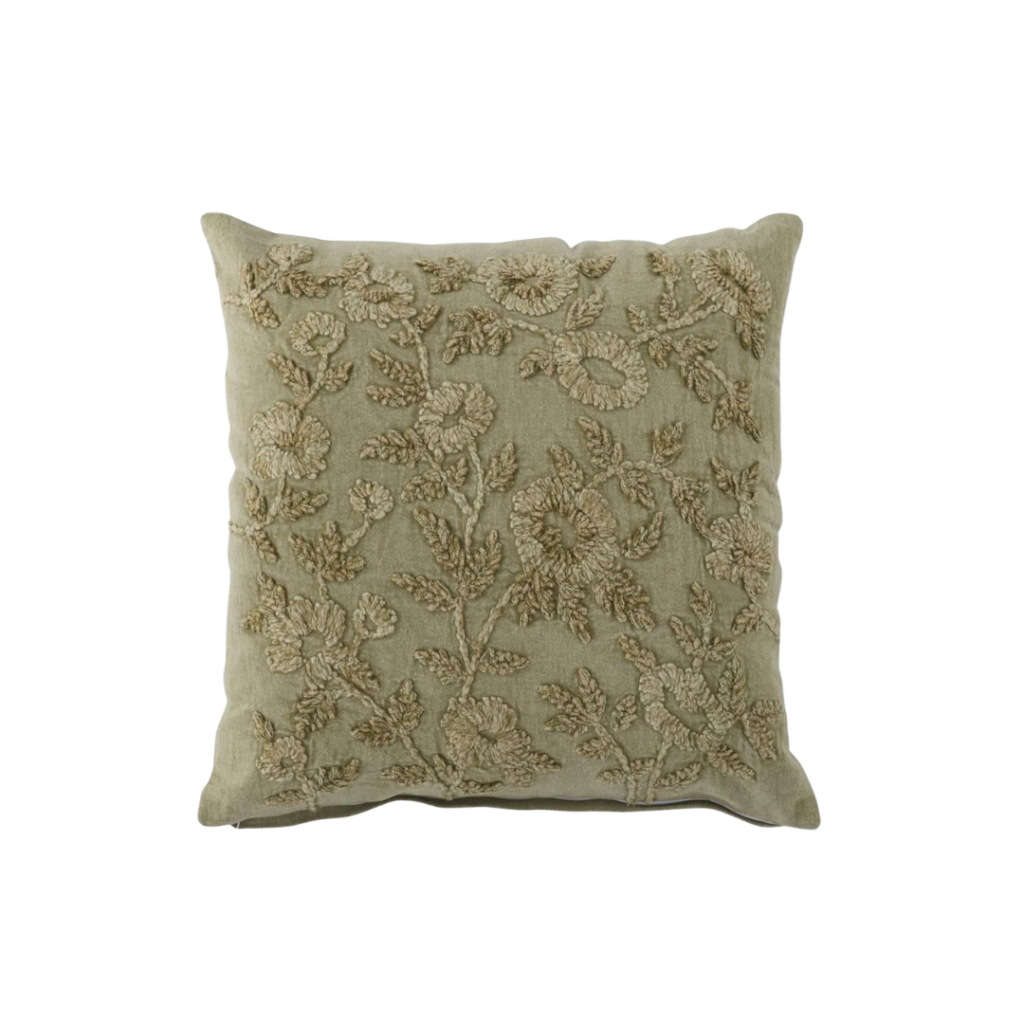 Cotton Sage Green Floral Embroidered Pillow
