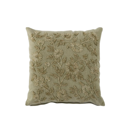 Cotton Sage Green Floral Embroidered Pillow